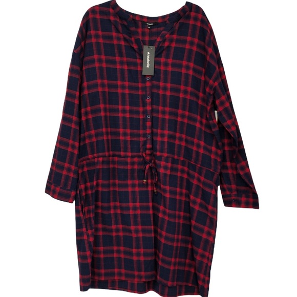 Annabelle button front dress with cinch waist red plaid gray 2X - Picture 1 of 5